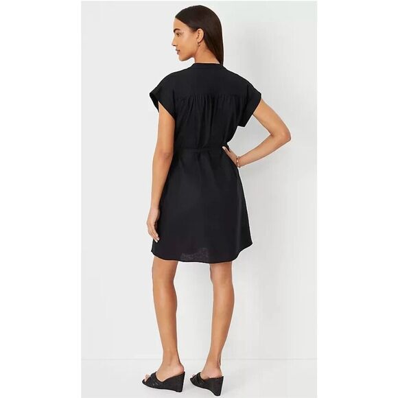 NWT Ann Taylor Linen Belted Split Neck Shirt Dress Sz XL Black Quiet Luxury Mini - Picture 2 of 10